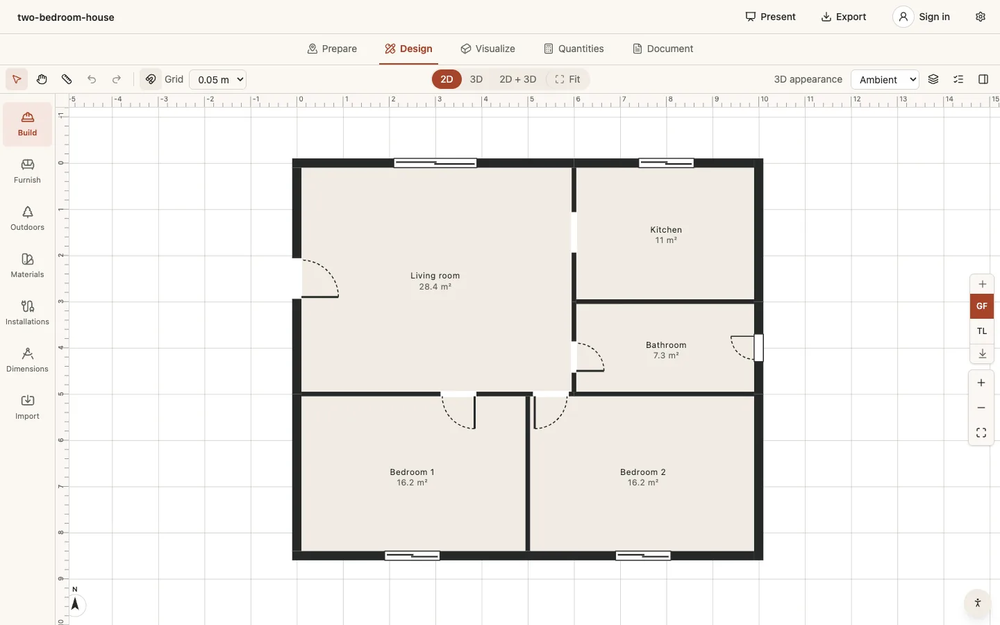 AfterPencil editor showing the measured two-bedroom house in plan view