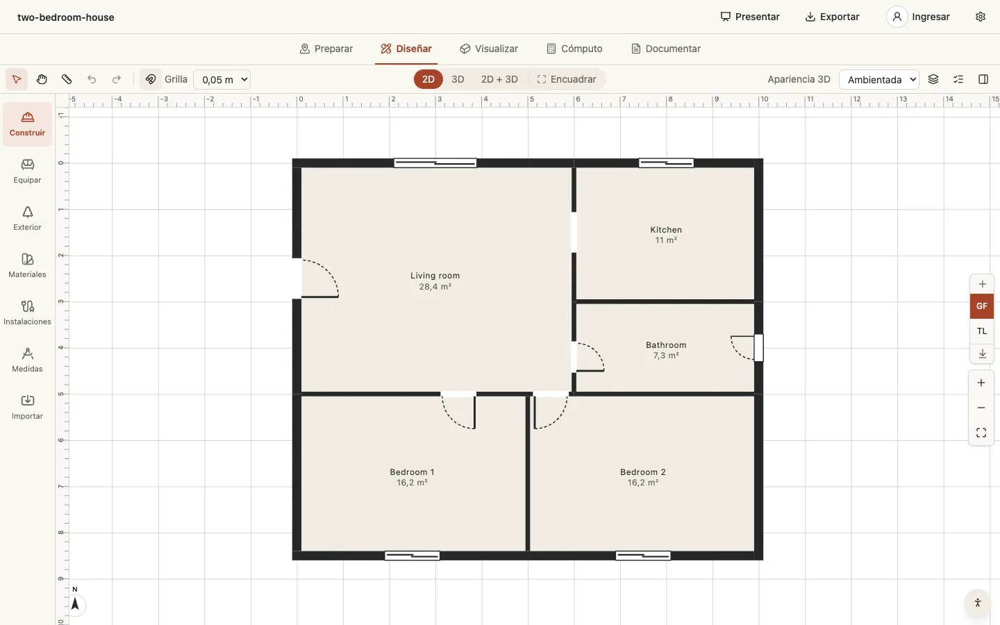 Editor de AfterPencil con la casa medida de dos dormitorios en planta